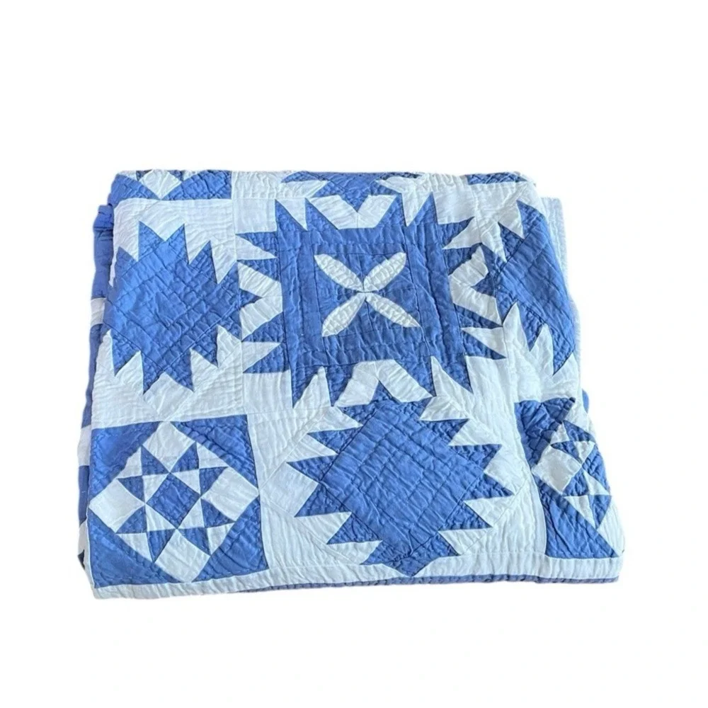 Vintage Cornflower Blue & White Handmade Quilt Sampler Geometric Zig Zag 85x90